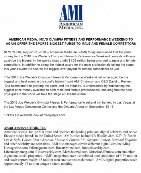 1,36 миллиона долларов разыграют на Мистер Олимпия 2018